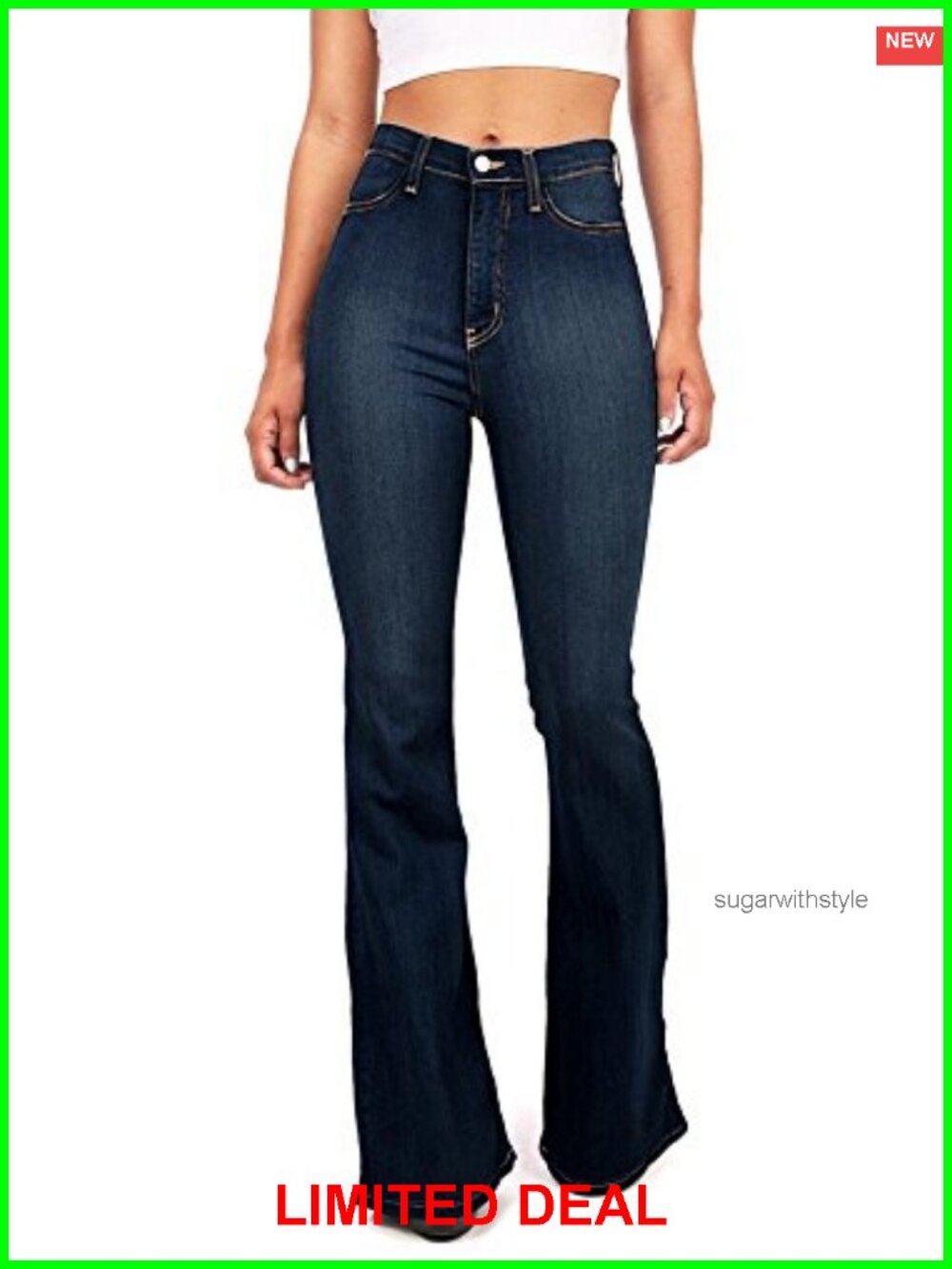High Waist Fitted Flared Denim Jeans Stretch Faux Pockets